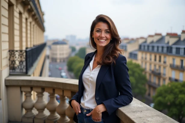 Femme confiante en blazer navy sur un balcon à Bordeaux