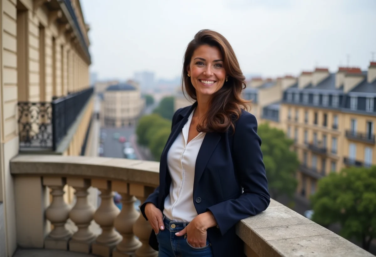 Femme confiante en blazer navy sur un balcon à Bordeaux
