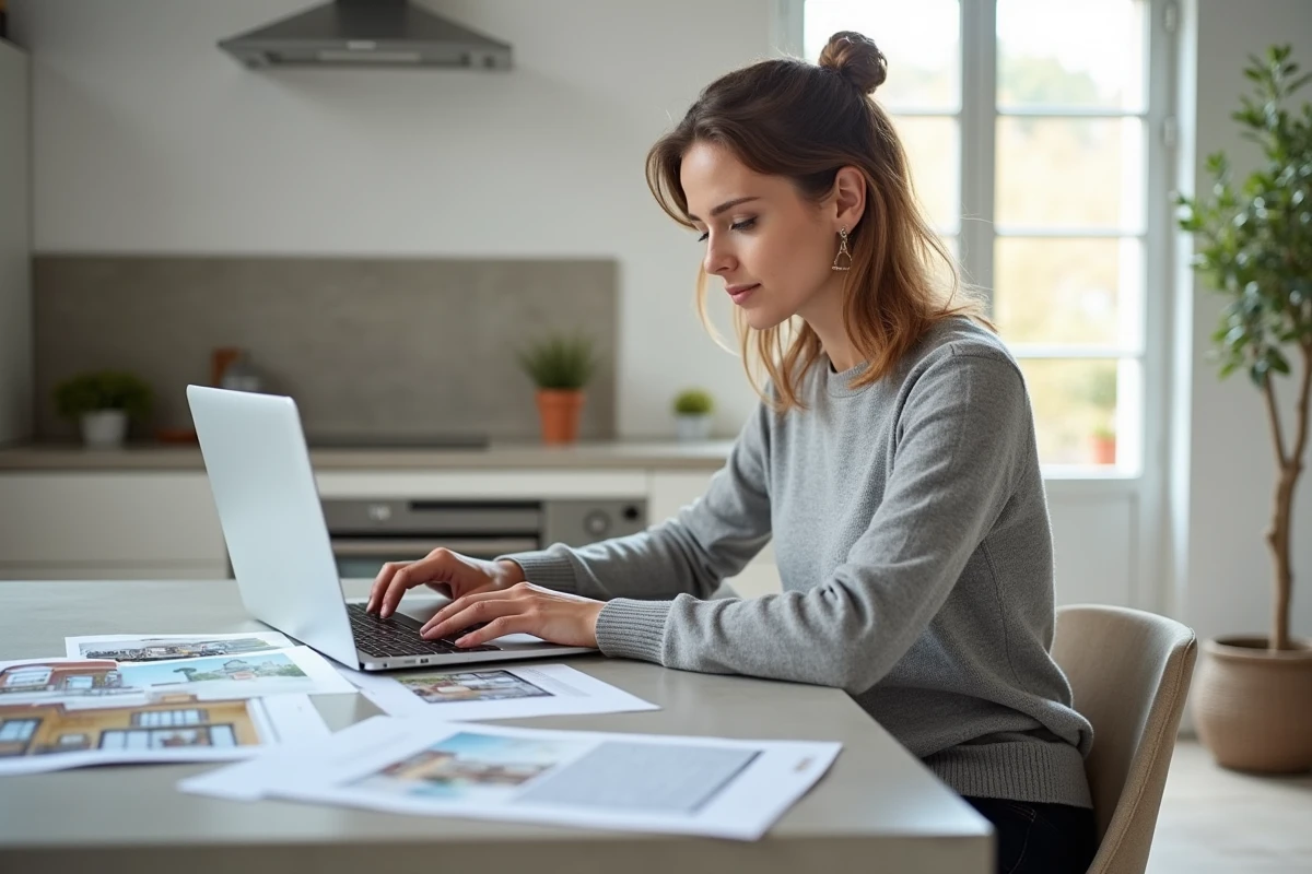 Femme en indivision consultant des documents immobiliers et un site d'annonces pour exercer son droit de préemption