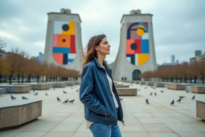Femme en jean devant la cité Pablo Picasso