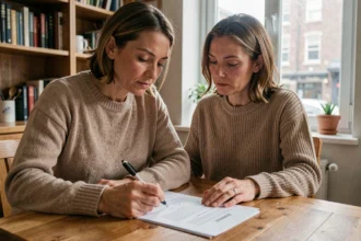 Femme consultant un contrat d'assurance habitation à son bureau de cuisine avant résiliation