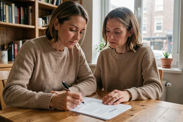 Femme consultant un contrat d'assurance habitation à son bureau de cuisine avant résiliation