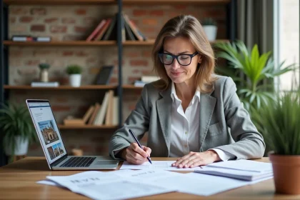Femme consultant un contrat de bail de location dans un bureau à domicile parisien, zone tendue immobilier 2026
