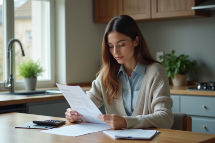 Femme en business casual examine un contrat de prêt immobilier