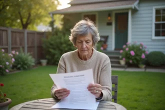 Femme concentrée examinant un contrat dans son jardin