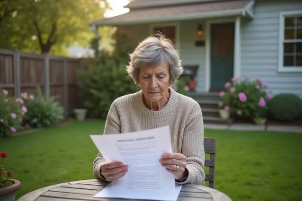 Femme concentrée examinant un contrat dans son jardin