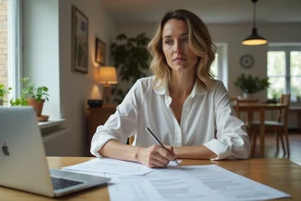 Femme en intérieur lisant un contrat de location