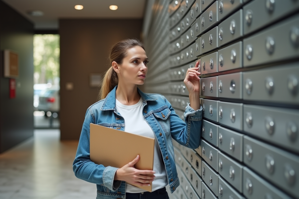 Femme vérifiant une boîte aux lettres dans un hall moderne