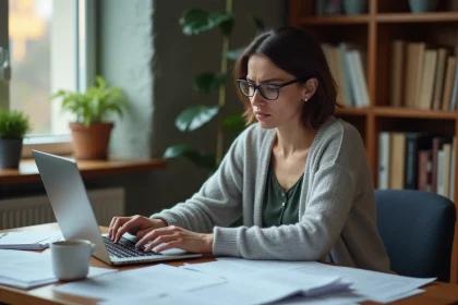 Femme consultant une demande de logement Cileo sans réponse sur son ordinateur portable, assise à un bureau avec des documents administratifs