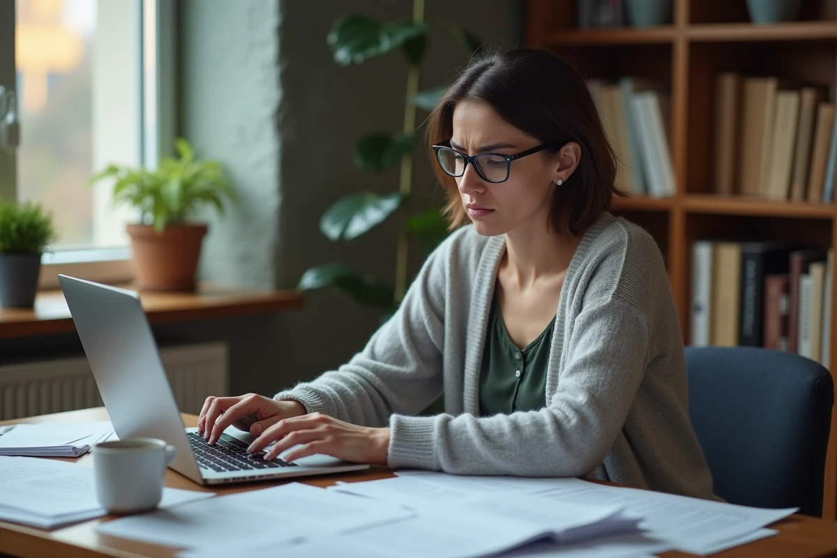 Femme consultant une demande de logement Cileo sans réponse sur son ordinateur portable, assise à un bureau avec des documents administratifs