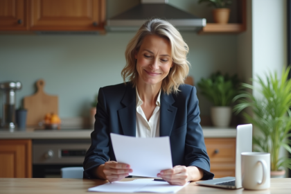 Femme en blazer examinant des documents dans une cuisine moderne