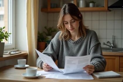 Femme consultant des documents de demande de logement social à la table de sa cuisine avec une expression sereine