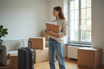 Jeune femme avec valise et papiers dans un appartement