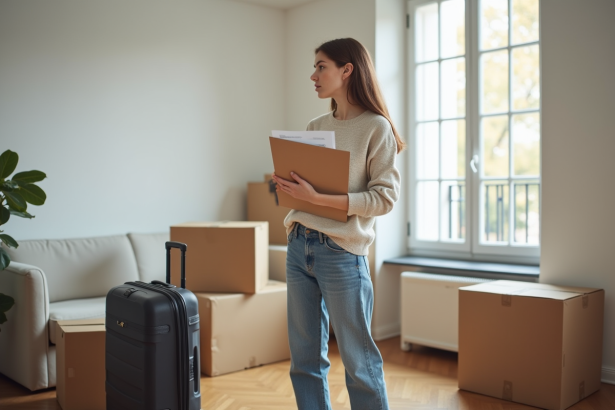 Jeune femme avec valise et papiers dans un appartement