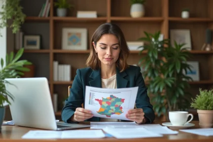 Femme consultant des documents sur les plafonds de ressources loi Pinel dans un bureau à domicile moderne