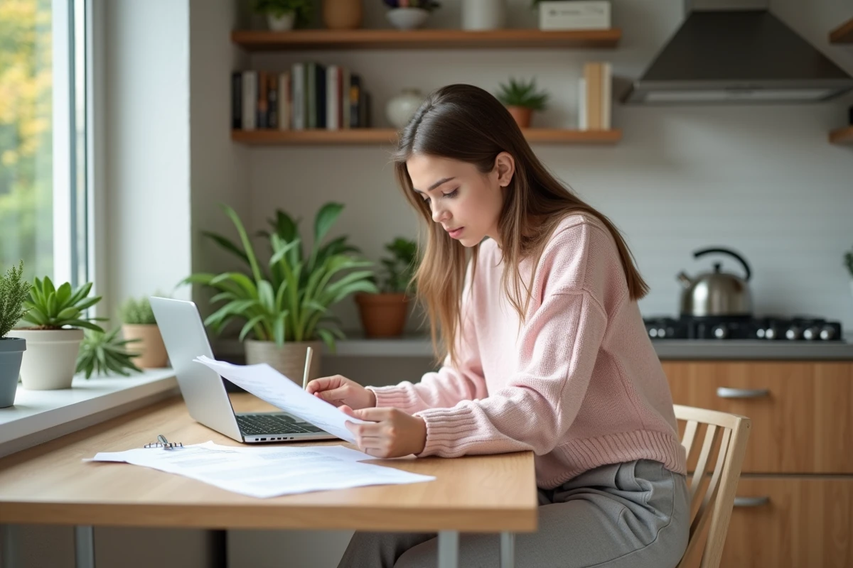 Femme étudiante examinant des documents dans sa cuisine