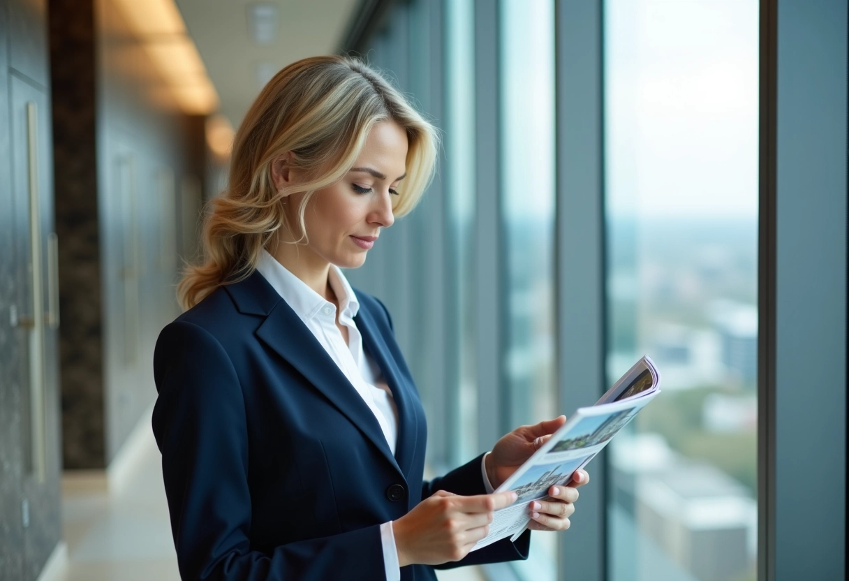 Femme cadre examinant une brochure immobiliere en bureau