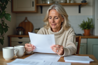 Femme française lisant sa lettre d'impôts à la maison