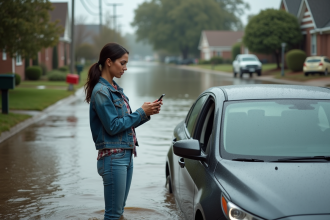 Femme documentant les dégâts d'une inondation dans un quartier