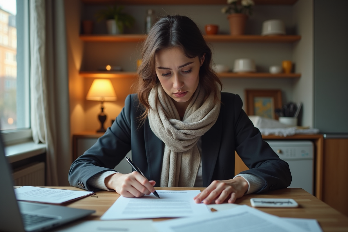 Jeune femme inquiète devant un contrat dans la cuisine