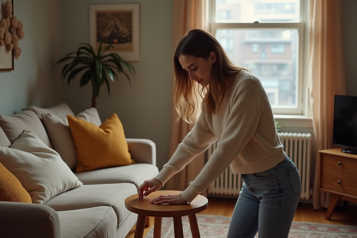 Jeune femme inspectant une rayure sur une table en Airbnb