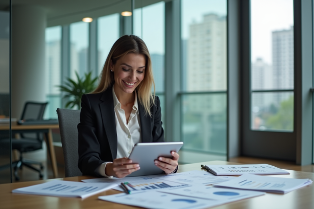 Femme confiante analysant des graphiques immobiliers