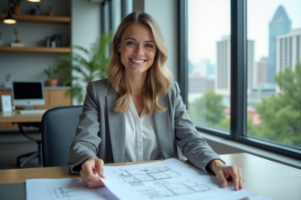 Femme en blazer avec plans d'investissement SCPI