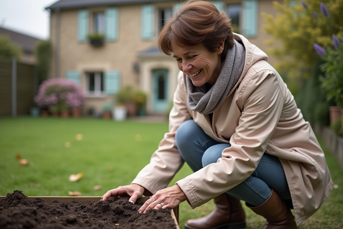 Femme examinant la terre dans un jardin en Seine Maritime
