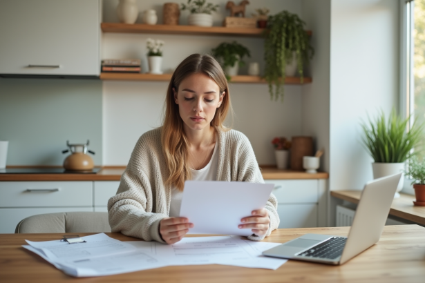 Jeune femme lisant des papiers avec ordinateur dans la cuisine