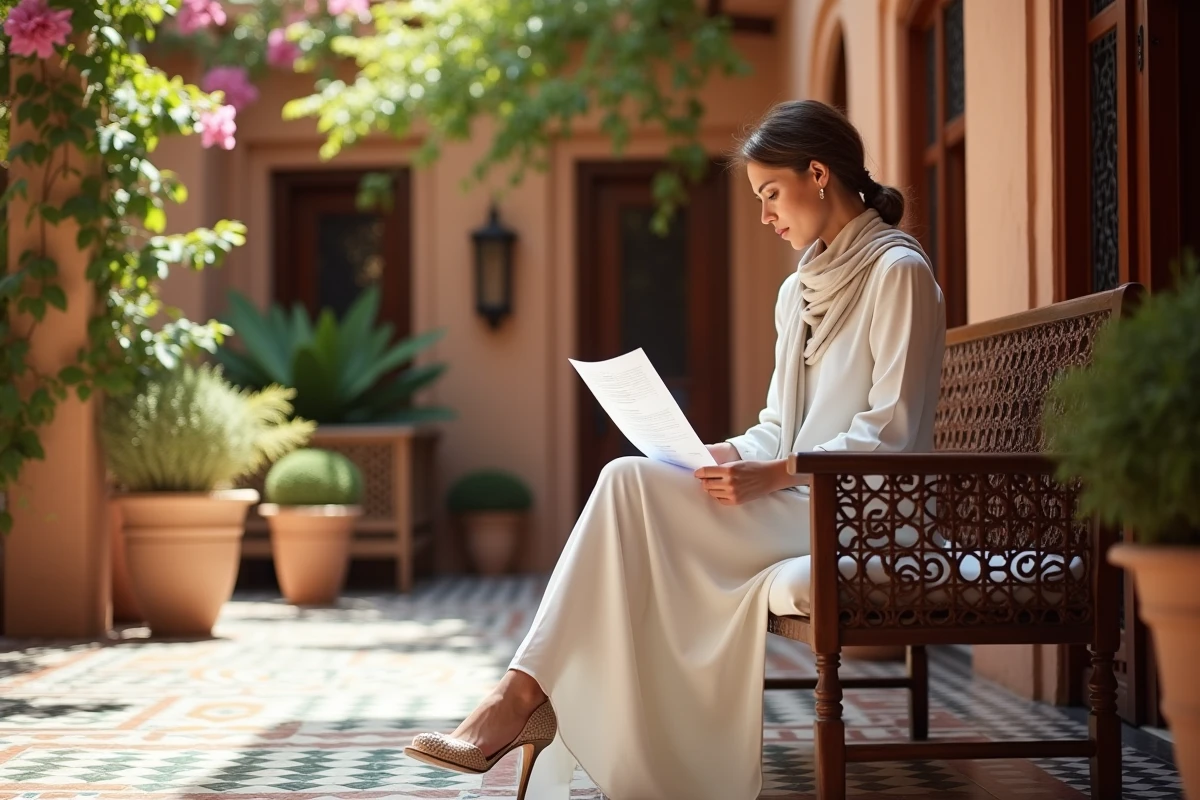 Jeune femme lisant dans un patio marocain ensoleille