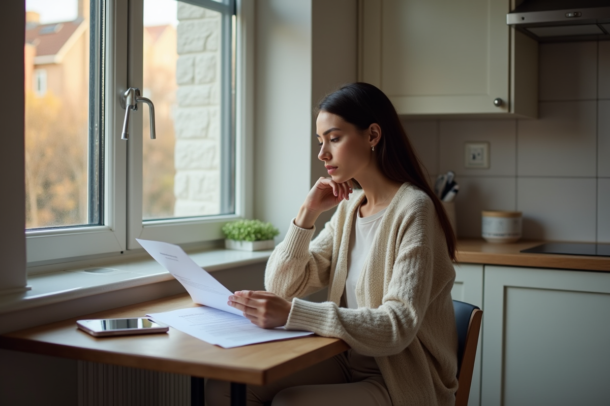 Jeune femme examinant un document de location dans la cuisine