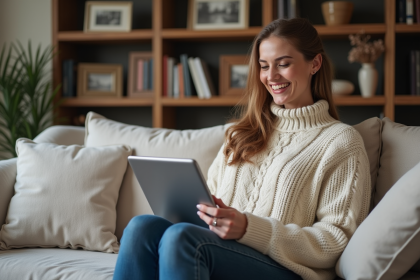 Femme souriante lisant sur une tablette dans un salon chaleureux
