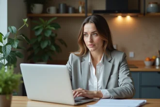 Femme d'affaires examinant des papiers de location dans une cuisine moderne