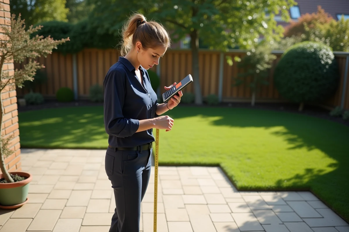 Femme mesurant un patio dans un jardin ensoleille