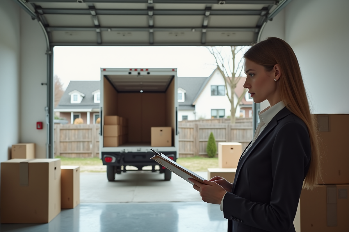 Jeune femme en costume faisant le tri dans un garage avec camion