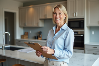 Femme d'âge moyen dans une cuisine moderne et chaleureuse
