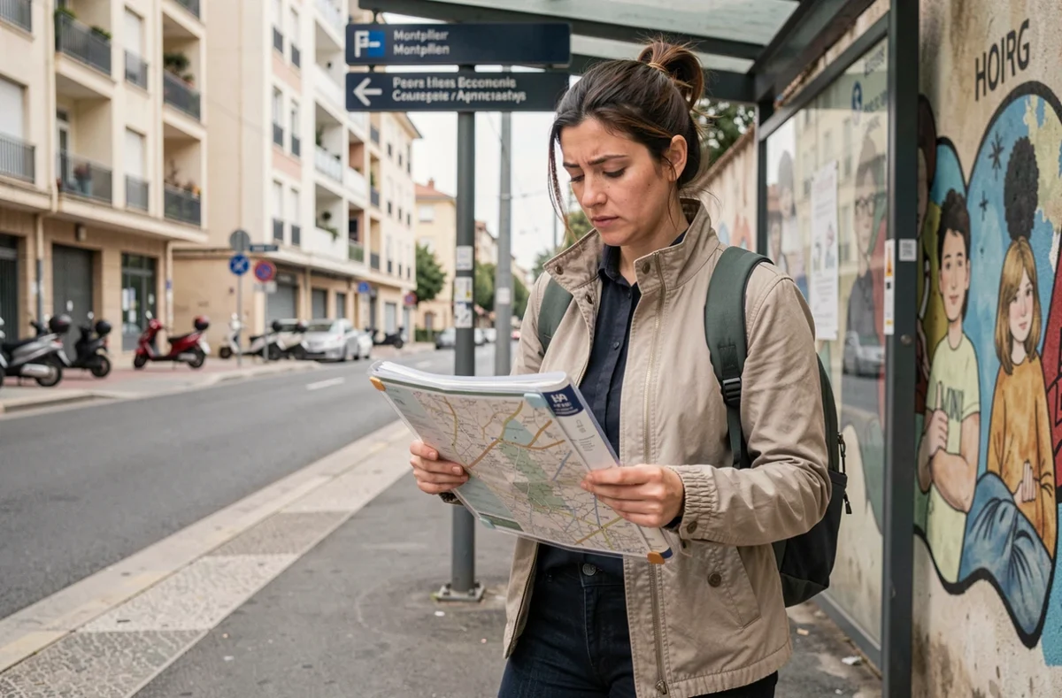 Femme consultant un plan de tramway à un arrêt de nuit dans un quartier de Montpellier