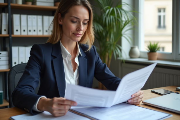 Femme professionnelle examinant documents de prêt immobilier