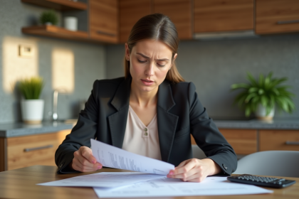 Femme d'affaires examinant des documents de prêt immobilier