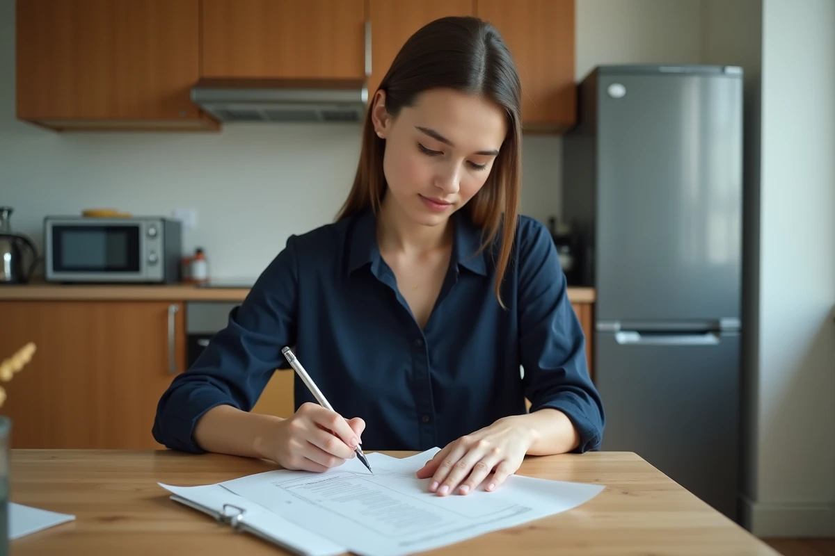 Jeune femme remplissant des papiers dans une cuisine