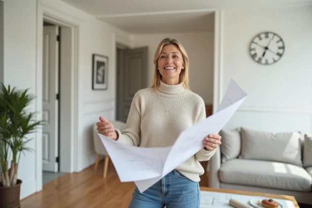 Femme souriante dans un appartement rénové avec plans architecturaux