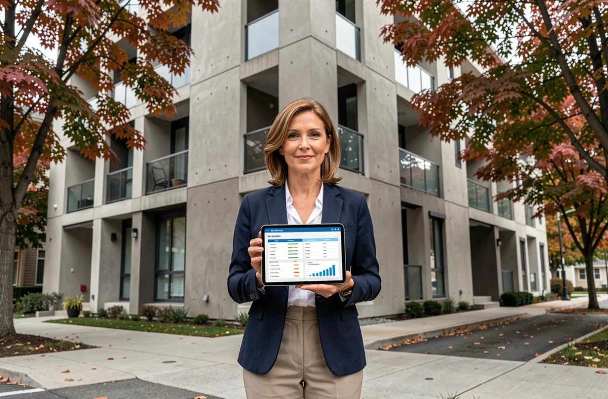 Femme devant un immeuble locatif tenant une tablette avec des données de gestion immobilière