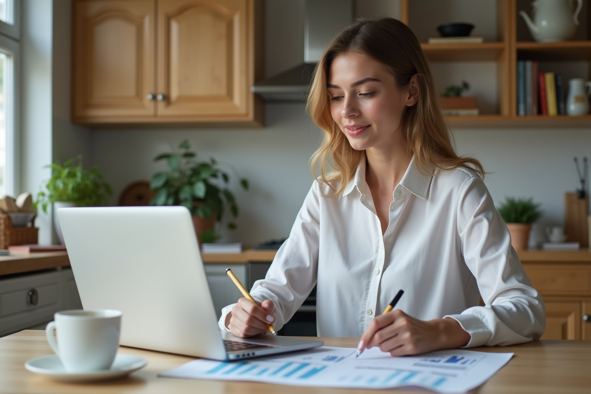 Jeune femme examinant des graphiques financiers à la cuisine