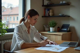 Femme concentrée examinant un document dans un intérieur modeste