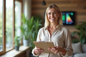 Femme souriante avec un clipboard dans un salon écologique