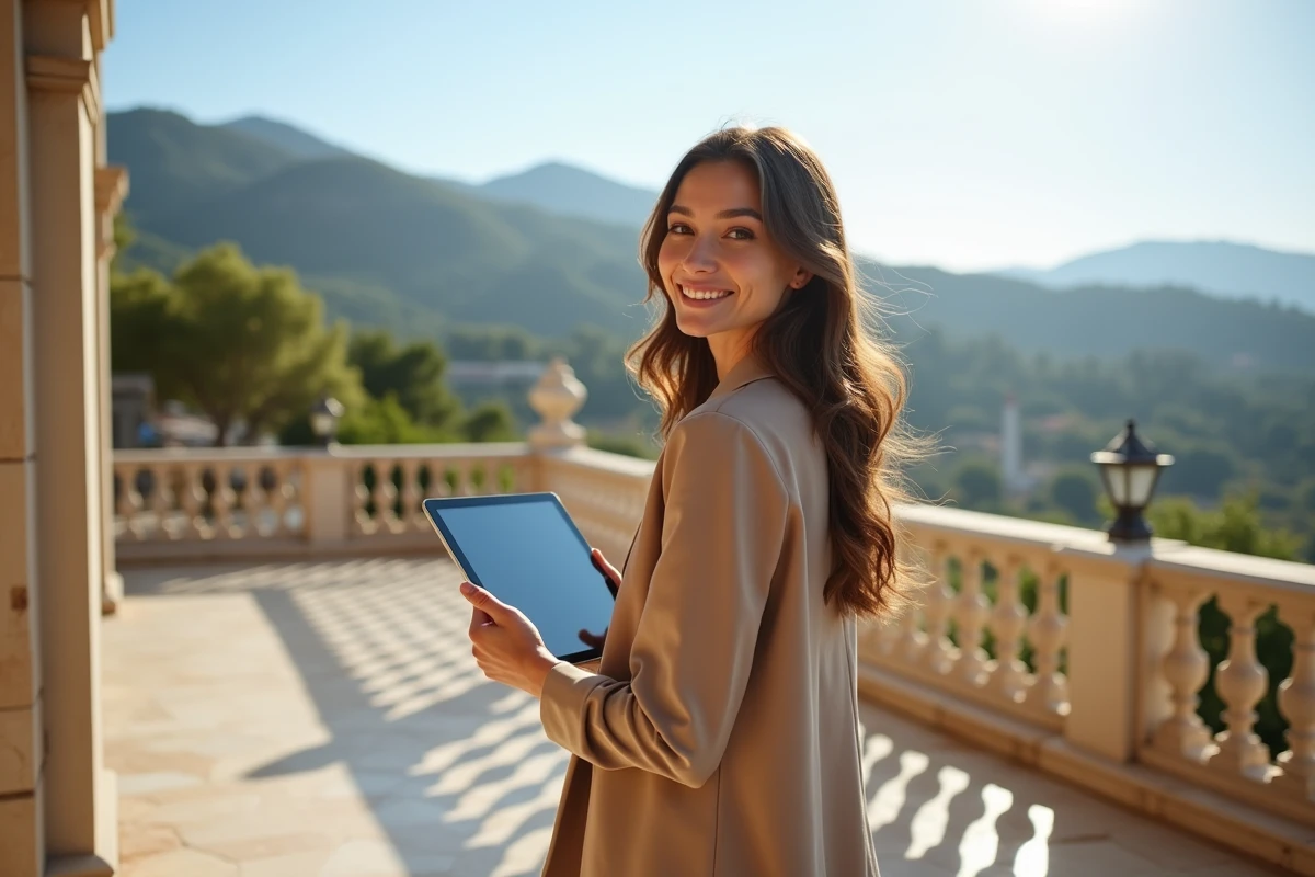 Jeune femme souriante avec tablette sur terrasse ensoleillee