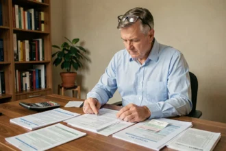 Propriétaire examinant des documents fiscaux et des reçus de travaux pour choisir entre forfait abattement et frais réels lors d'une déclaration de plus-value immobilière