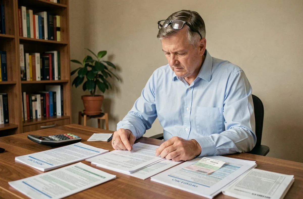 Propriétaire examinant des documents fiscaux et des reçus de travaux pour choisir entre forfait abattement et frais réels lors d'une déclaration de plus-value immobilière
