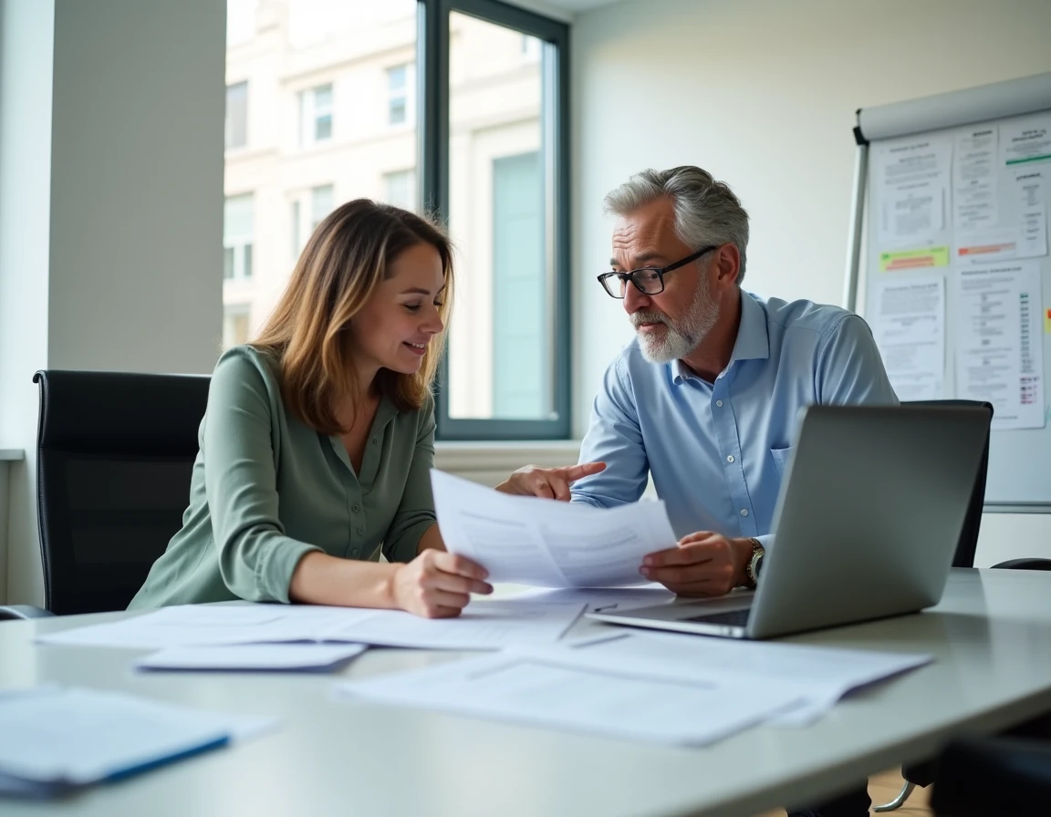Deux conseillers IAD en formation collaborant sur la structuration de la prospection pour mandats exclusifs
