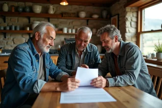 Trois frères et sœurs discutent de documents dans une cuisine rustique